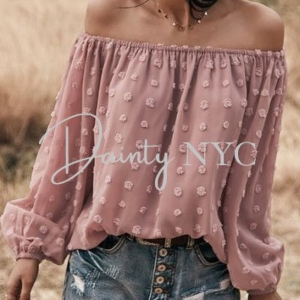 Boho Off Shoulder Loose Bubble Sleeve Top Pink